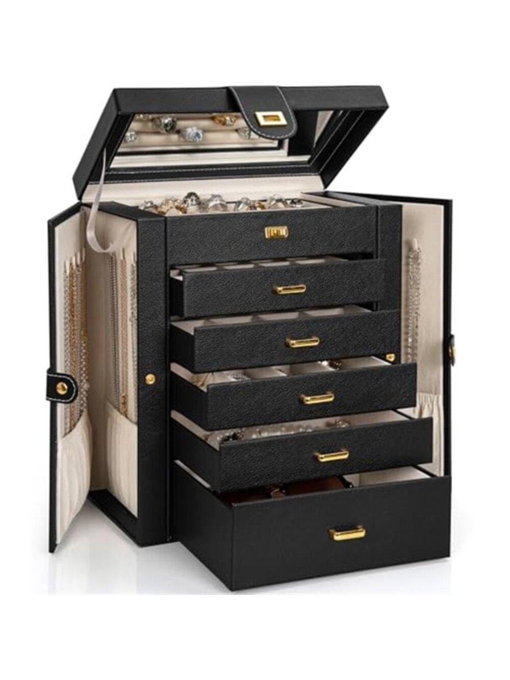6 Tier Jewelry Box Organizer Leather Storage Case Drawers Mirror Rings Earrings
